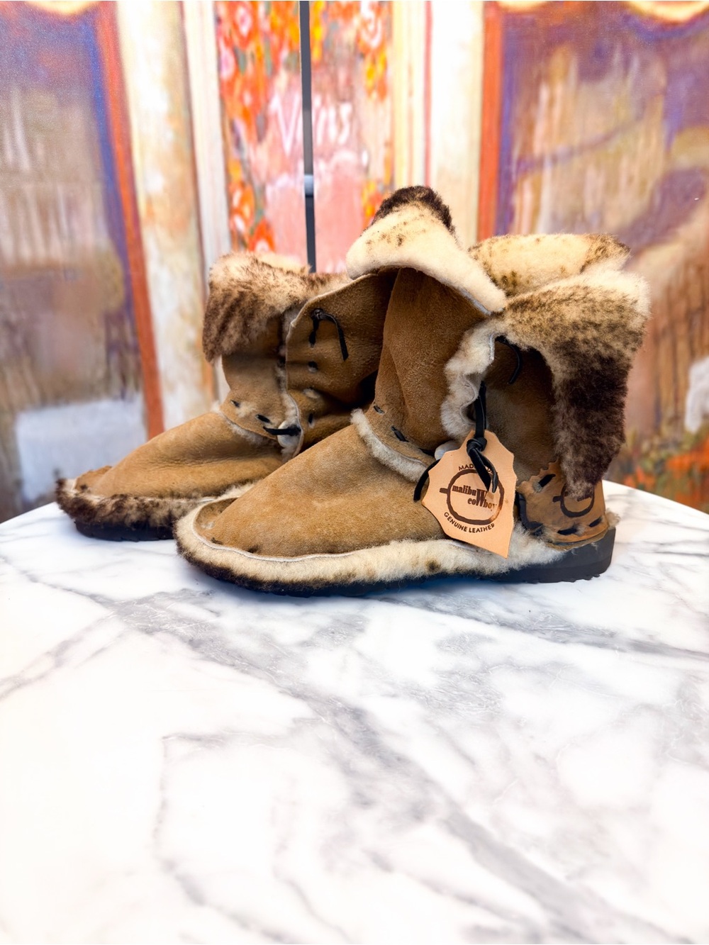 Malibu Cowboy Leather Shearling Handmade Boots Brown Size 7 NWT